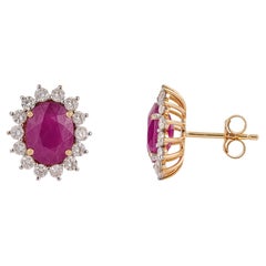18K Gold 4.86ct Oval Vivid Red Ruby & 1.04ct Diamond Halo Sunburst Stud Earrings
