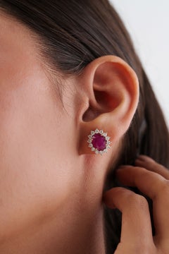 18K Gold 4.86ct Oval Vivid Red Ruby & 1.04ct Diamond Halo Sunburst Stud Earrings