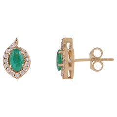 VR Jewels Natural Zambian Emerald Studs with Diamond Halo in 14K Yellow Gold