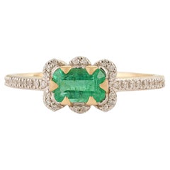 Art Deco Style 0.74 ct Zambian Emerald & Diamond Halo Ring in 14K Yellow Gold