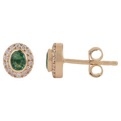 Everyday Oval Natural Emerald and Diamond Halo Stud Earrings in 14K Yellow Gold