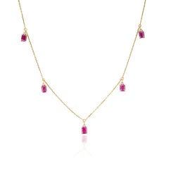 14K Solid Yellow Gold 2.1 ct Natural Emerald-Cut Ruby & Diamond Station Necklace