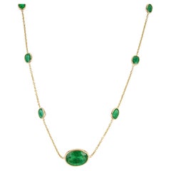 Natural Zambian Emerald Station Necklace in 14K Yellow Gold, Bezel Set, 3.47ct