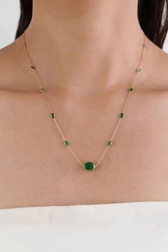 Natural Zambian Emerald Station Necklace in 14K Yellow Gold, Bezel Set, 3.47ct