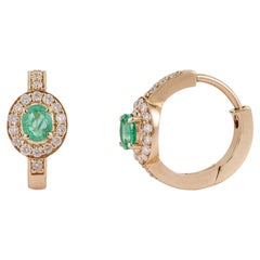 14K Yellow Gold Natural Emerald Oval Cut Huggie Hoop Earrings with Diamond Halo