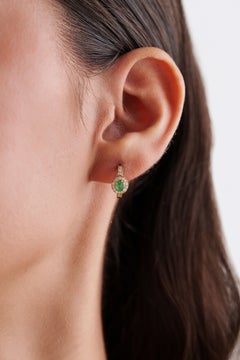 14K Yellow Gold Natural Emerald Oval Cut Huggie Hoop Earrings with Diamond Halo