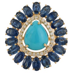 14K Yellow Gold 8.41ct Turquoise, Blue Sapphire & Diamond Floral Cocktail Ring