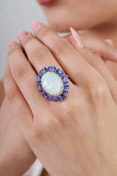 Vintage-Style 18K Gold 10.96ct Opal, Blue Sapphire & Diamond Halo Cocktail Ring