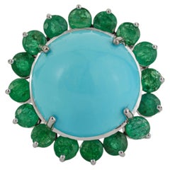 Bague de cocktail « halo » en or blanc 14 carats, sertie d’une turquoise et d’une émeraude rondes en cabochon de 6,13 carats