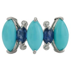 18K White Gold 3.31ct Marquise Turquoise, Blue Sapphire & Diamond Cocktail Ring