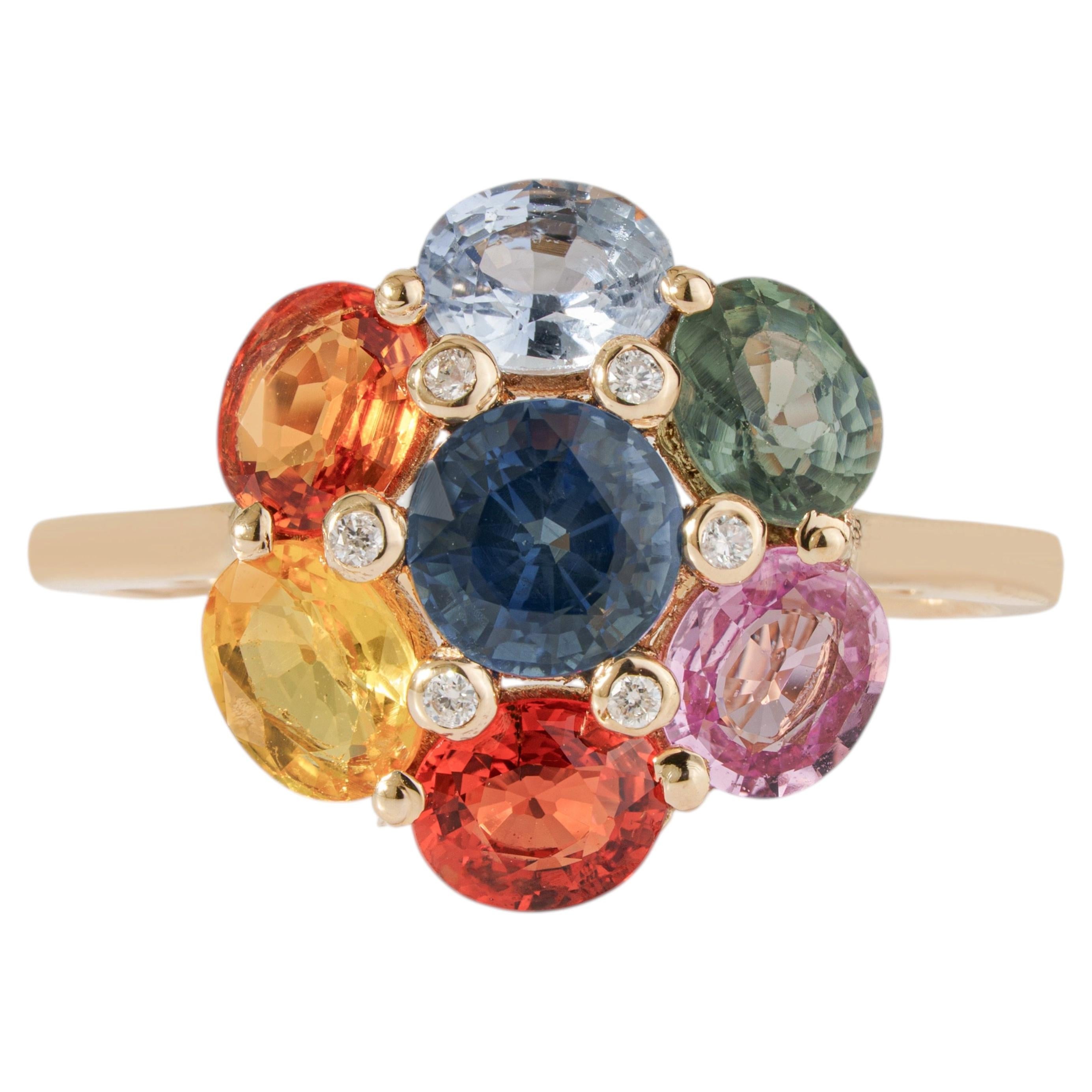 3,21-Karat-Ring mit Regenbogensaphir und Diamanten im Blumenmuster aus 14-karätigem Gelbgold