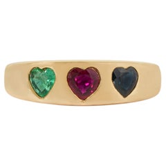 14K Yellow Gold Heart-Shaped Emerald Ruby Sapphire Signet Band Ring, Gypsy-Set