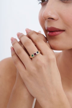 14K Yellow Gold Heart-Shaped Emerald Ruby Sapphire Signet Band Ring, Gypsy-Set