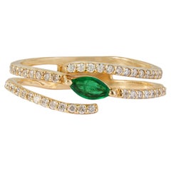 Handmade 14K Yellow Gold Marquise Cut Emerald & Diamond Open Spiral Ring