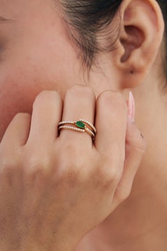 Handmade 14K Yellow Gold Marquise Cut Emerald & Diamond Open Spiral Ring