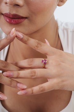 Handmade 14K Yellow Gold Oval Cut Mozambique Ruby & Diamond Floral Cluster Ring
