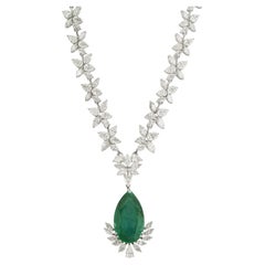 14K White Gold 9.81ct Pear-Cut Natural Emerald & 12.19ct Diamond Drop Necklace