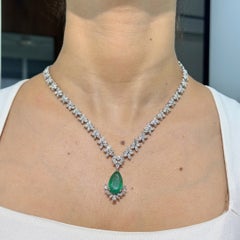 14K White Gold 9.81ct Pear-Cut Natural Emerald & 12.19ct Diamond Drop Necklace