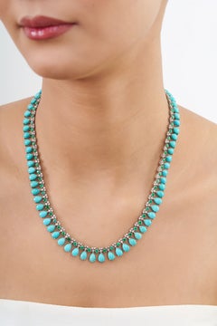 14K White Gold 47.9ct Turquoise, Emerald & 2.1ct Diamond Long Tennis Necklace