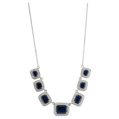 7.3ct Emerald-Cut Blue Sapphire Diamond Halo Station Necklace in 14k White Gold
