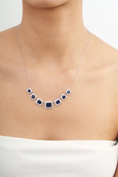 7.3ct Emerald-Cut Blue Sapphire Diamond Halo Station Necklace in 14k White Gold