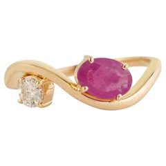 Modern Oval Natural Ruby & Round Brilliant Diamond Bypass Ring 14K Yellow Gold