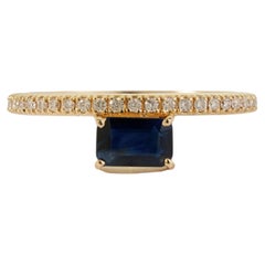 Modern East-West Emerald-Cut Blue Sapphire & Diamond Band Ring 14K Yellow Gold
