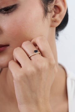 Modern East-West Emerald-Cut Blue Sapphire & Diamond Band Ring 14K Yellow Gold