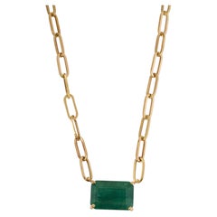 14K Yellow Gold 9.66ct East-West Emerald Paperclip Link Chain Solitaire Necklace