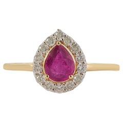 VR Jewels 14K Yellow Gold Pear Cut Natural Mozambique Ruby & Diamond Halo Ring