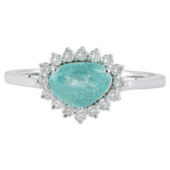 18K White Gold 1.09ct Pear Cut Paraiba Tourmaline Diamond Halo Cluster Ring