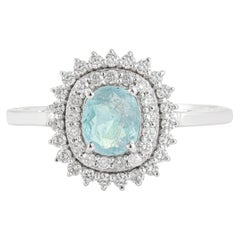 14K White Gold Cushion Cut Paraiba Tourmaline Diamond Double Halo Cocktail Ring