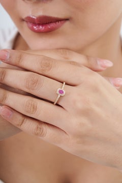 Art Deco Style Oval Cut Natural Ruby and Diamond Halo Ring in 14K Yellow Gold