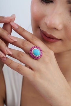 14K Yellow Gold 9.35ct Oval Cabochon Turquoise Ruby & Diamond Halo Cocktail Ring