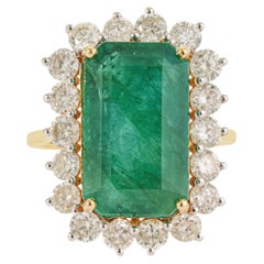 Art Deco Style 5.06ct Emerald Cut Natural Emerald & Diamond Halo Cocktail Ring