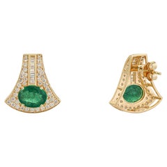 Art Deco-Style 14K Yellow Gold 3.26ct Oval Emerald & Diamond Fan Stud Earrings