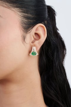 Art Deco-Style 14K Yellow Gold 3.26ct Oval Emerald & Diamond Fan Stud Earrings