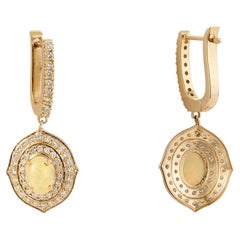 Handmade Oval Opal & Diamond Double Halo Huggie Drop Earrings in 14K Yellow Gold