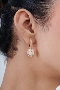 Handmade Oval Opal & Diamond Double Halo Huggie Drop Earrings in 14K Yellow Gold