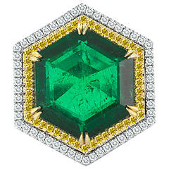 Hexagonal Shape Emerald Ring with Fancy Yellow and White Diamonds Ring
