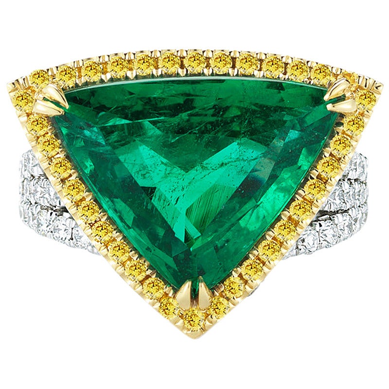 Emerald Trillion Ring with Fancy Yellow and White Diamonds For Sale