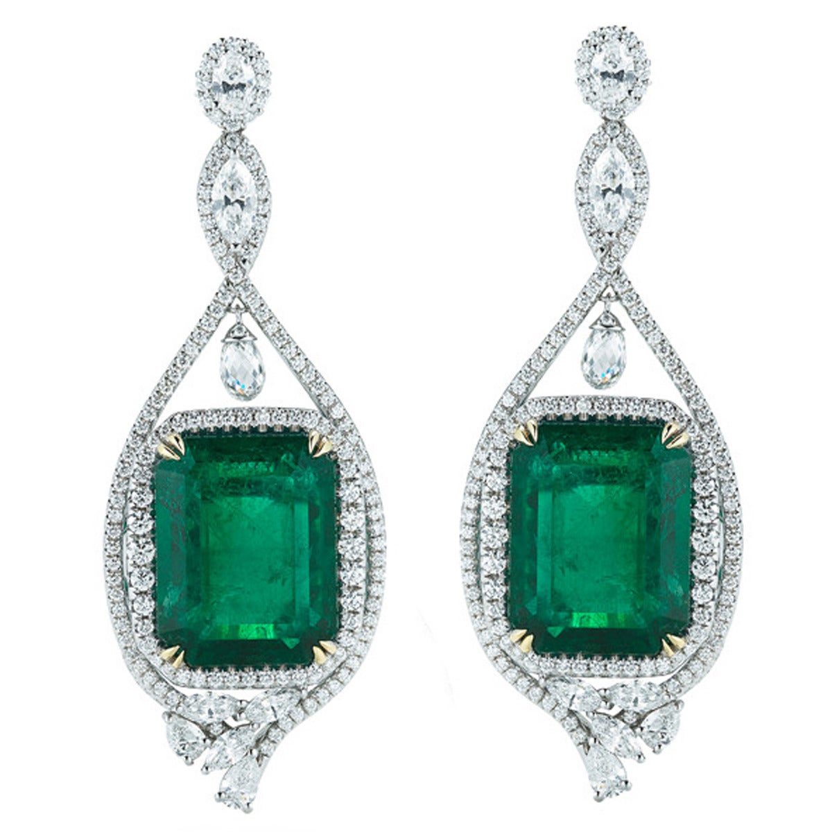 Emerald Cut Emerald Zambian and Diamond Earring For Sale
