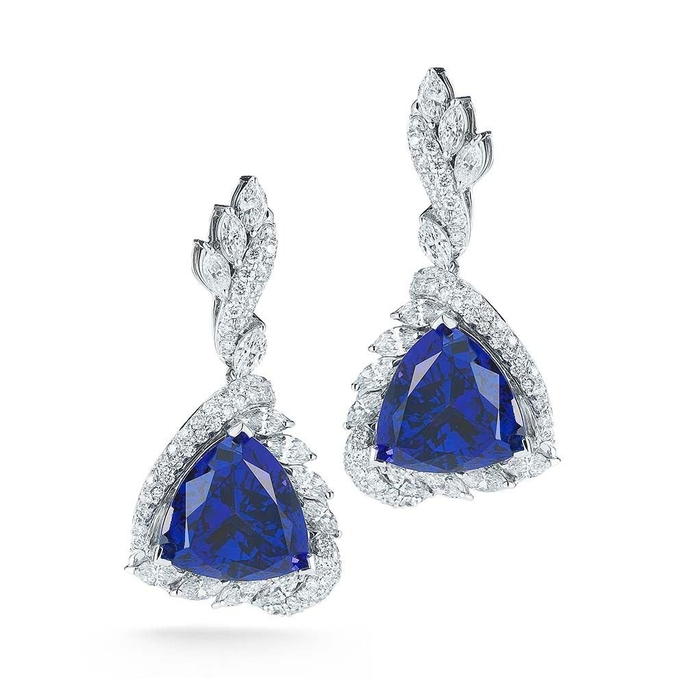 Elegant GIA Cert Trillion Cut Tanzanite with Fancy Shape Diamond Earrings