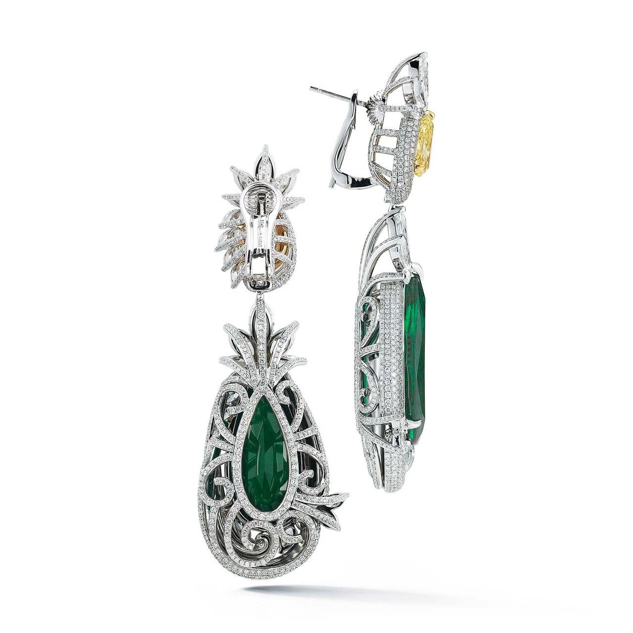 Women's Emerald Earring Pear Shape with Fancy Yellow Diamond For Sale