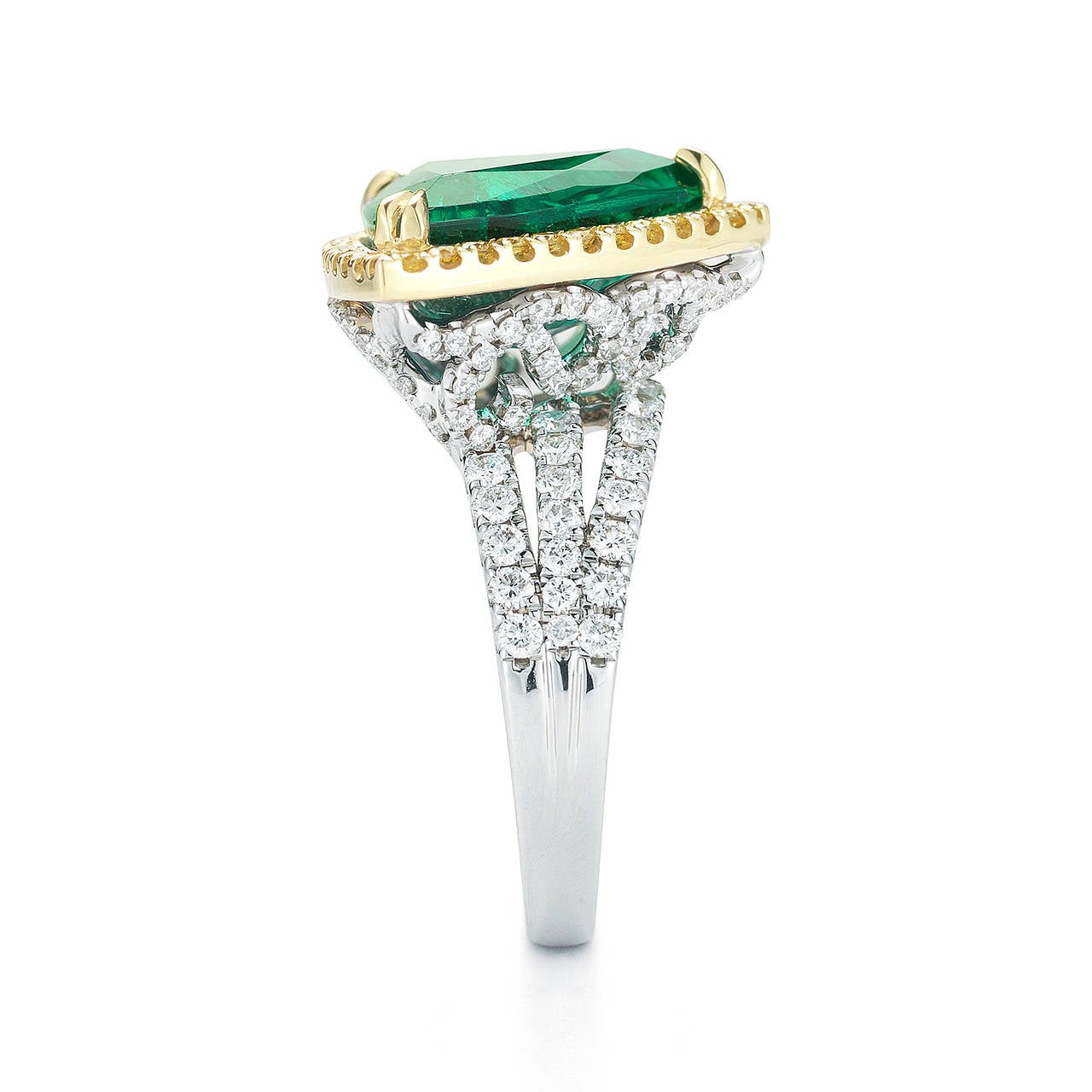 Women's Emerald Trillion Ring with Fancy Yellow and White Diamonds For Sale