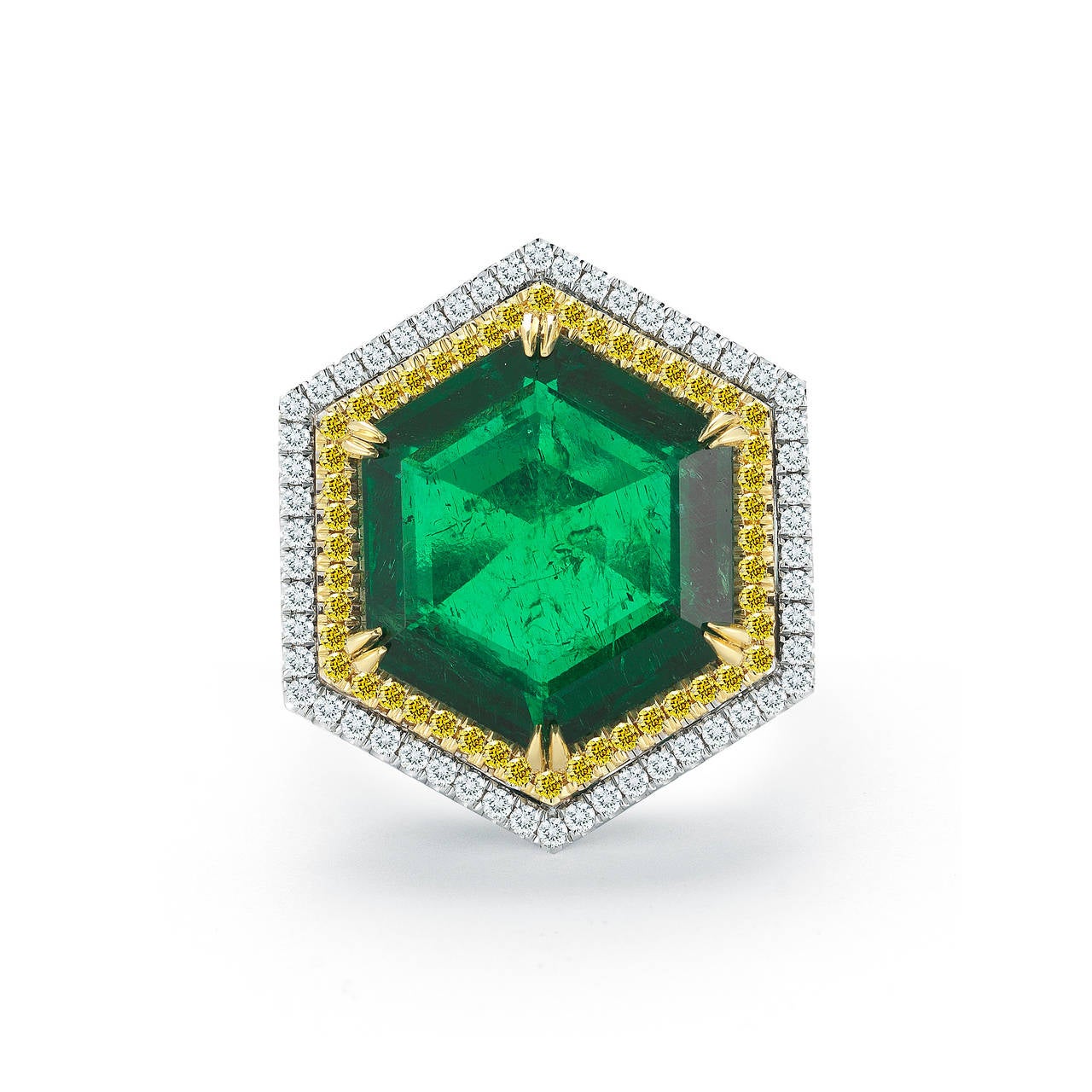 Amazing Zambian Emerald Hexagonal Shape With Fancy Yellow And White Diamonds. This Emerald is Certified By GRS (Minor).
Product ID:02379
Model:TK MB 530
Metal:18K W
Gram Weight:19.20
Stock:1
Ring Size:7
Country Of Origin:USA
* Resize your