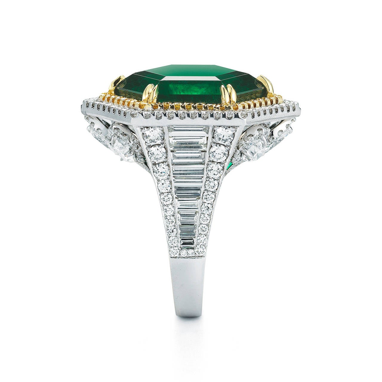 Women's Hexagonal Shape Emerald Ring with Fancy Yellow and White Diamonds Ring For Sale