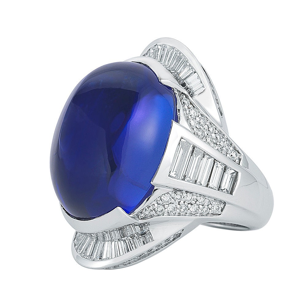 Charming Oval Cabochon Tanzanite Diamond Gold Ring For Sale