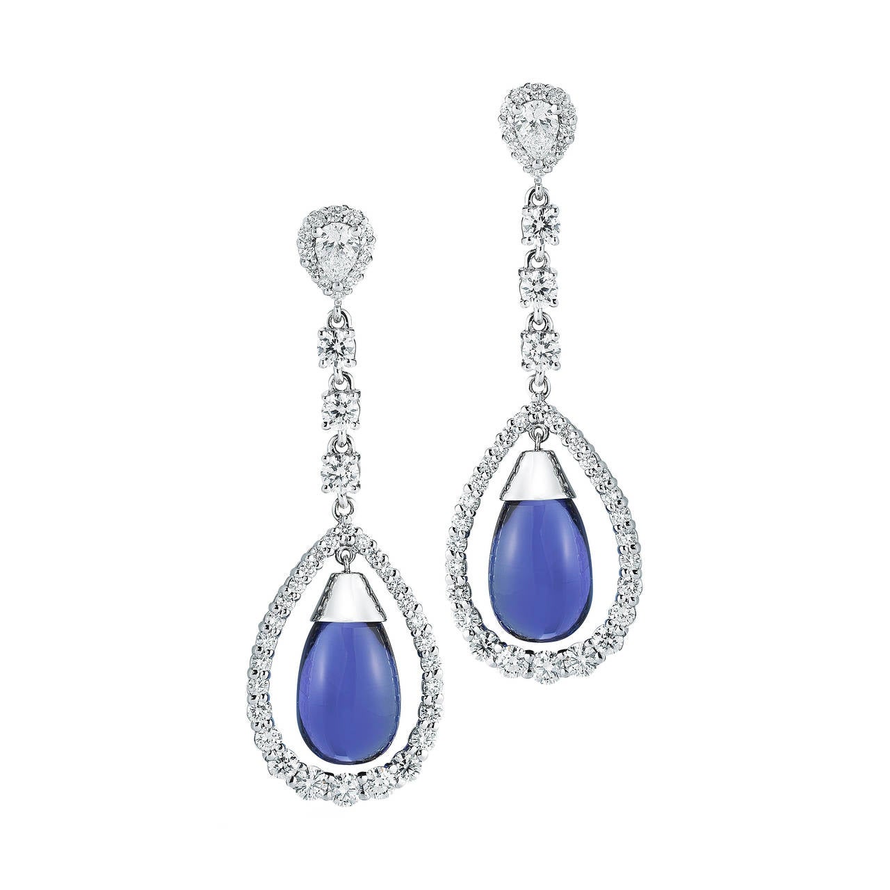 Dangling Tanzanite Tear Drop Diamond Gold Earrings For Sale