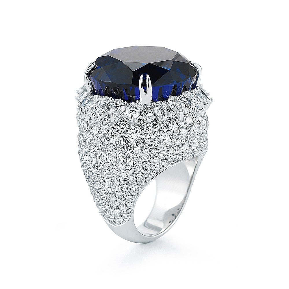 63.50 Carat GIA Cert Round Tanzanite Diamond Gold Ring